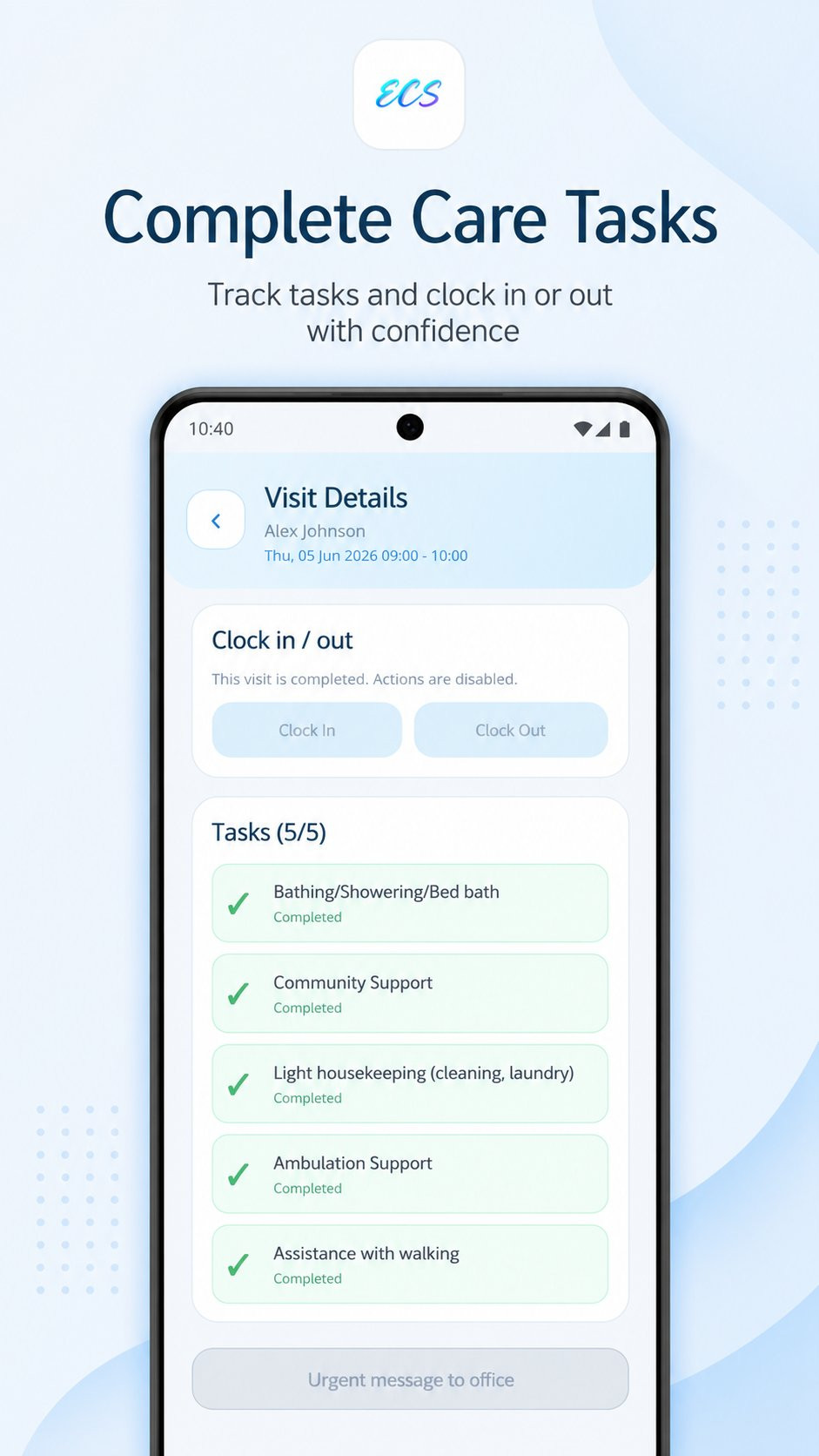 The carer app: QR clock in, clock out and care tasks
