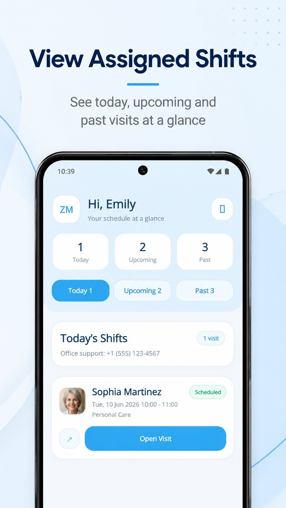 The carer app: today, upcoming and past visits